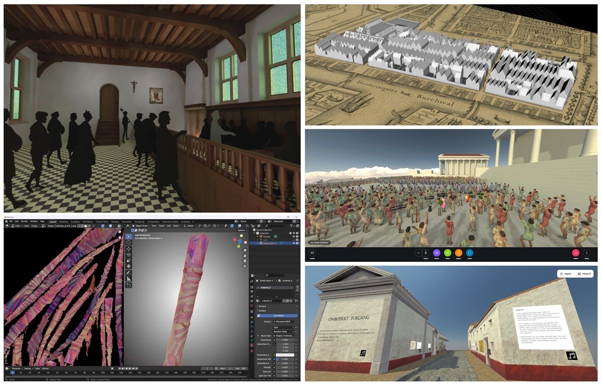  Examples of recent 4D Research Lab projects, clockwise: The 3D reconstruction of the fifteenth-century town hall in Gouda; a schematic geo-located 3D visualisation of a part of the Amsterdam Jewish Quarter in the early seventeenth century; two interactive virtual environments created using Mozilla Hubs; a step of the digital restoration process of the Shigiory Torbinata artwork from the Bonnefanten museum in Maastricht